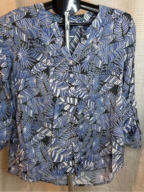 Notations Blue and Black Tropical Print Henley Blouse